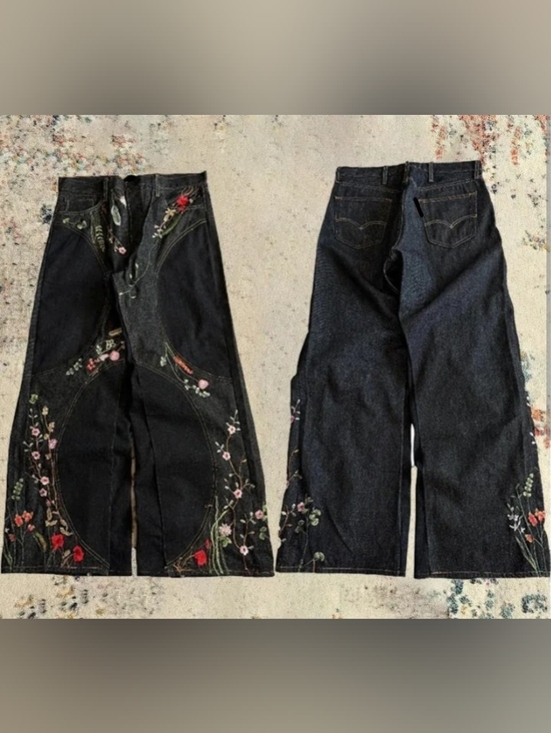 Denim - Embroidered Floral Wide Leg Jeans: Y2K Denim